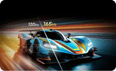 Auto wyścigowe w ruchu z porównaniem płynności obrazu przy odświeżaniu 120Hz i 165Hz