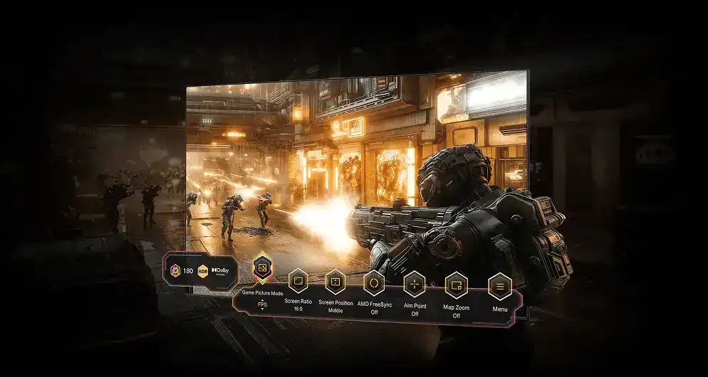 Ekran z grą wojenną i menu ustawień: Game Mode, AMD FreeSync (Advanced Micro Devices), Aim Point, Map Zoom i Dolby Vision