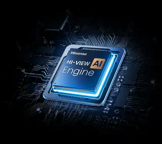 Graficzna ilustracja procesora HI-VIEW AI (Artificial Intelligence) Engine z efektami świetlnymi na ciemnym tle