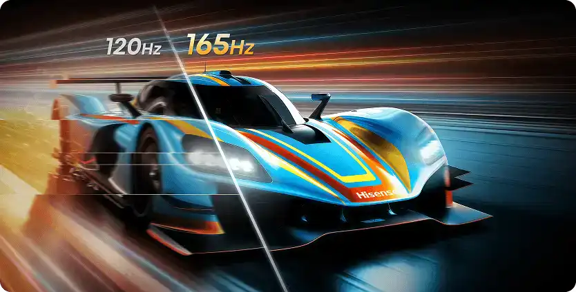 Porównanie odświeżania: po lewej obraz auta wyścigowego przy 120Hz (Hertz), po prawej płynny detal przy 165Hz