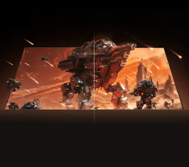 Ekran z grą science-fiction: po lewej niewyraźny obraz, po prawej płynny obraz z AMD (Advanced Micro Devices) FreeSync