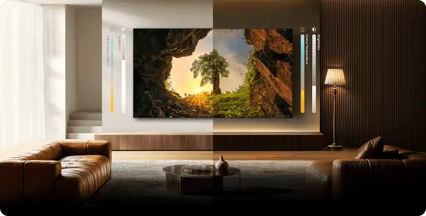 Salon podzielony na dzień i noc z paskami ustawień Colour Temperature i Brightness dostosowującymi obraz telewizora