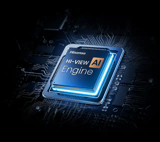 Graficzna ilustracja procesora HI-VIEW AI (Artificial Intelligence) Engine z efektami świetlnymi na ciemnym tle