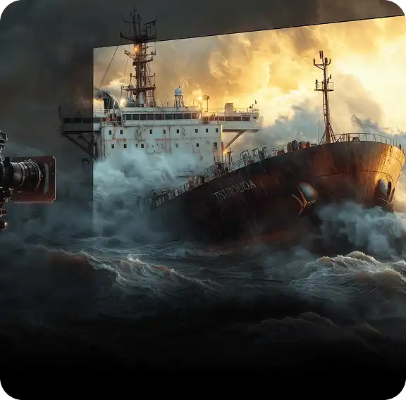 Kamera skierowana na ekran telewizora wyświetlający statek na wzburzonym morzu oraz oznaczenie Filmmaker Mode