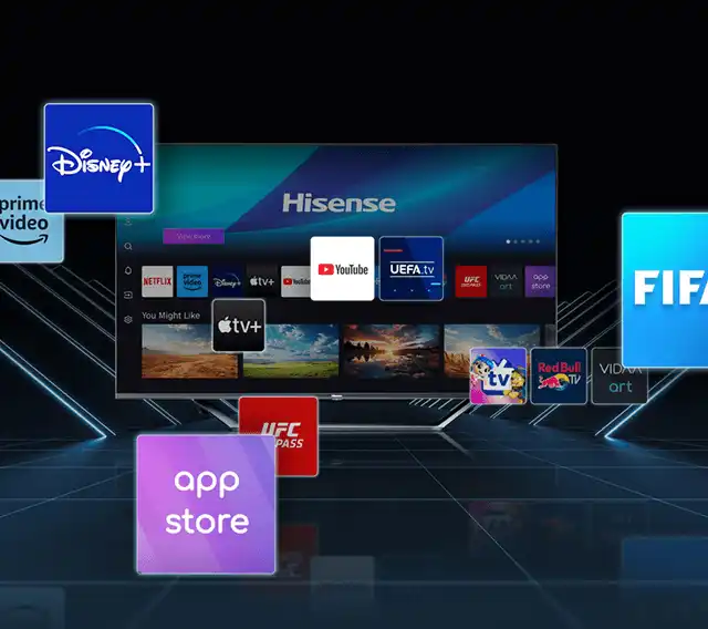 Telewizor Hisense otoczony ikonami aplikacji: Netflix, Disney+, FIFA, YouTube, Apple TV+ oraz App Store