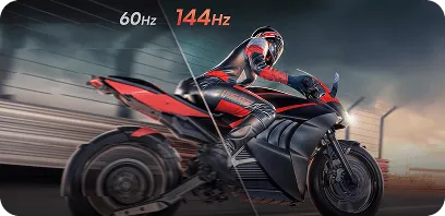Obraz przedstawia motocykl z motocyklistą w kombinezonie, jadący po torze wyścigowym. Na obrazie widoczne są napisy \'60Hz\' i \'144Hz\'.