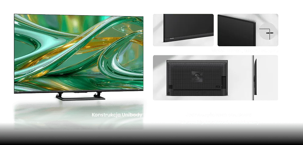 Obraz przedstawia telewizor z wyświetlaczem pokazującym abstrakcyjną grafikę w zielono-złotych odcieniach. Na dole ekranu widoczny jest napis \'Konstrukcja Unibody\'.