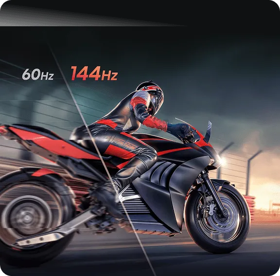 Obraz przedstawia motocyklistę na torze wyścigowym, z podziałem na dwie części oznaczone jako 60Hz i 144Hz. Motocyklista ubrany jest w czarno-czerwony strój, a motocykl jest w podobnej kolorystyce.