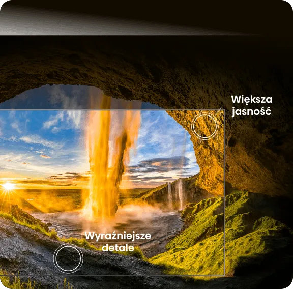 Obraz przedstawia wodospad oświetlony zachodzącym słońcem, widoczny z wnętrza jaskini. Na obrazie znajdują się napisy: \'Większa jasność\' i \'Wyraźniejsze detale\'.
