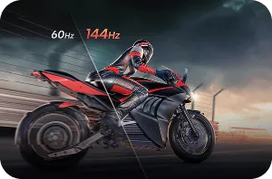 Obraz przedstawia motocykl w ruchu, z podziałem na dwie części oznaczone jako 60Hz i 144Hz. Tło jest dynamiczne, sugerujące prędkość, a motocykl jest w kolorach czarnym i czerwonym.