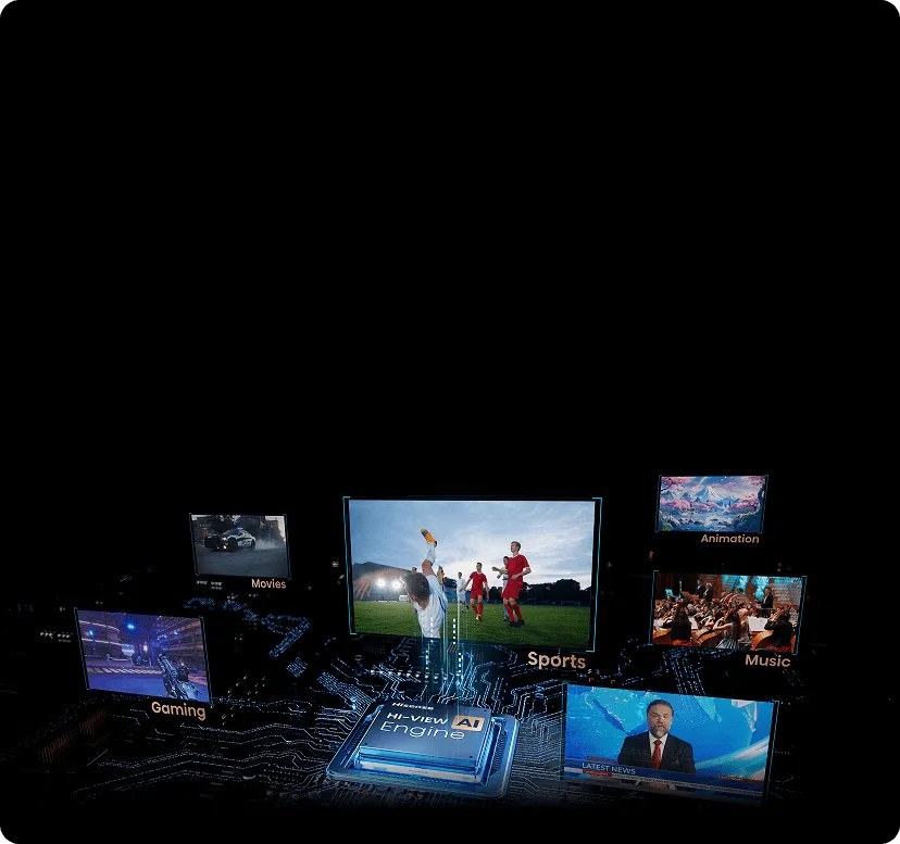 Obraz przedstawia różne ekrany z treściami takimi jak filmy, sport, animacje, muzyka, gry i wiadomości, otaczające centralny element z napisem \'Hi-View AI Engine\'. Ekrany są umieszczone na tle przypominającym obwody elektroniczne.