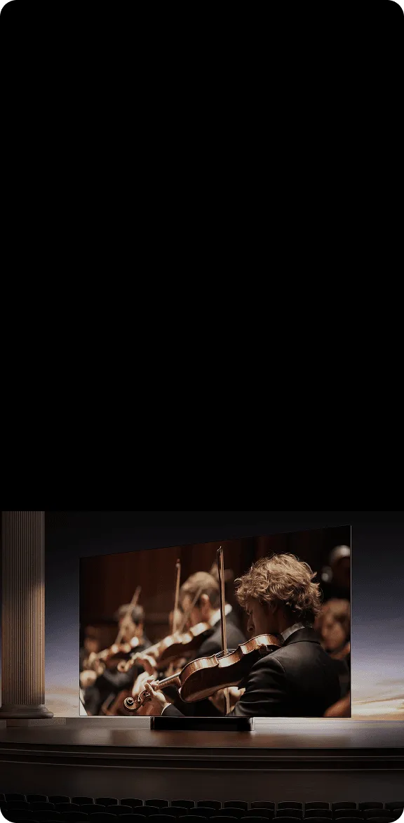 Na obrazie widoczny jest telewizor wyświetlający scenę z orkiestrą, gdzie muzyk gra na skrzypcach. W tle widać kolumnę i ciemne wnętrze przypominające salę koncertową.