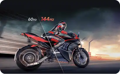 Motocyklista w ruchu z porównaniem płynności obrazu przy odświeżaniu 60Hz i 144Hz
