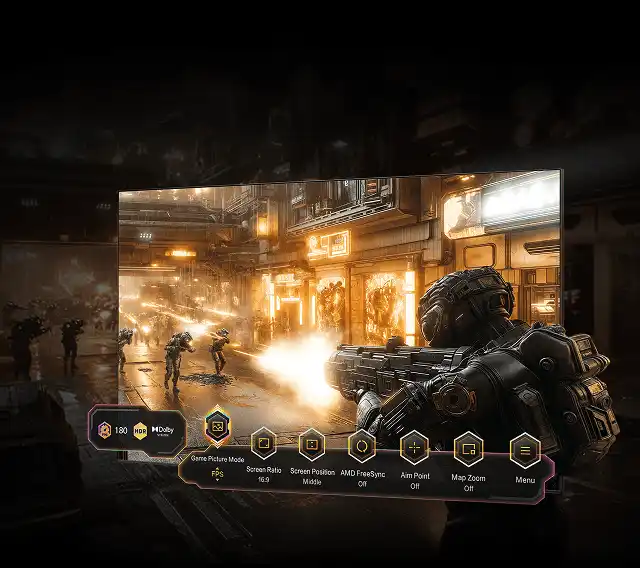 Ekran z grą wojenną i menu ustawień: Game Mode, AMD FreeSync (Advanced Micro Devices), Aim Point, Map Zoom i Dolby Vision