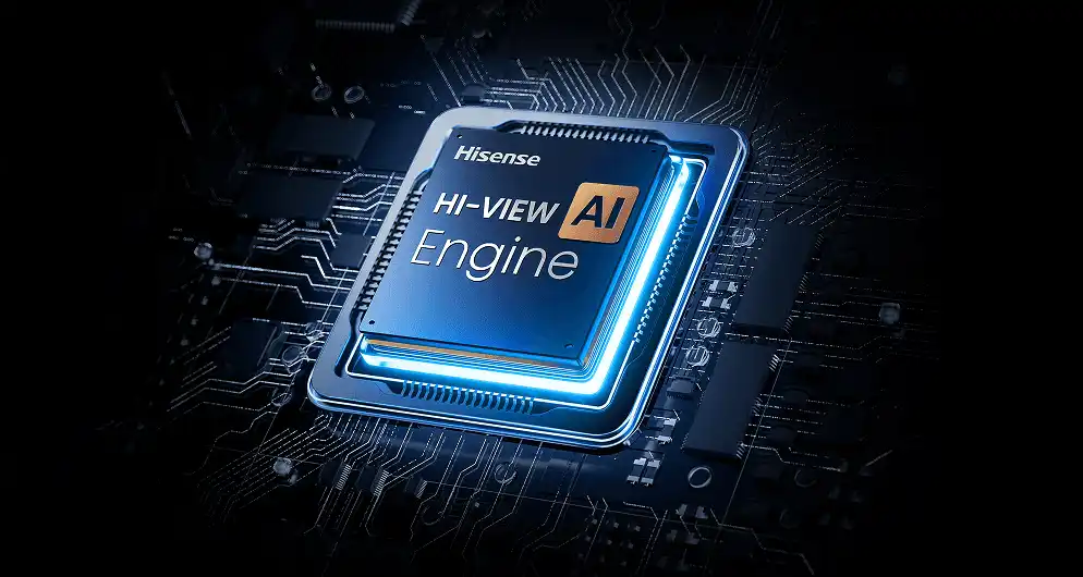 Graficzna ilustracja procesora HI-VIEW AI (Artificial Intelligence) Engine z efektami świetlnymi na ciemnym tle