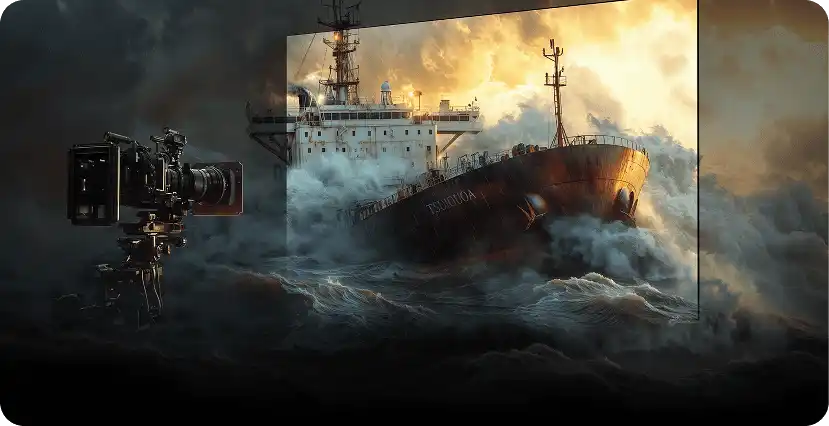 Kamera skierowana na ekran telewizora wyświetlający statek na wzburzonym morzu oraz oznaczenie Filmmaker Mode