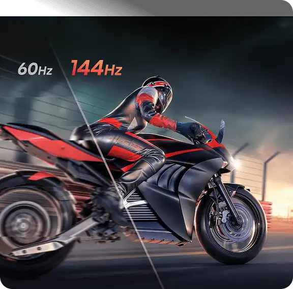 Motocyklista w ruchu z porównaniem płynności obrazu przy odświeżaniu 60Hz (gorsza) i 144Hz (lepsza płynność)