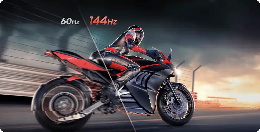 Motocyklista w ruchu z porównaniem płynności obrazu przy odświeżaniu 60Hz (gorsza) i 144Hz (lepsza płynność)