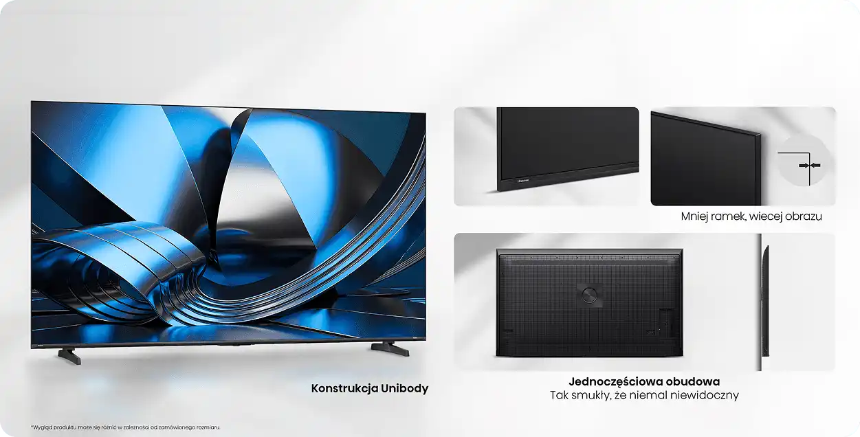 Telewizor o jednolitej obudowie (Unibody Slim), zbliżenia na bardzo wąskie ramki ekranu oraz widok tyłu i smukłego boku