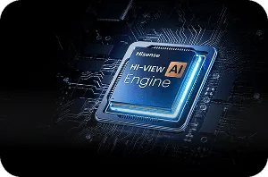 Obraz przedstawia układ scalony z napisem \'HiSense HI-VIEW AI Engine\' na tle schematu obwodów elektronicznych.