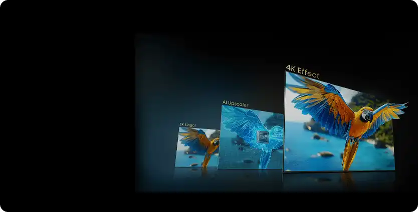 Trzy ekrany z papugą pokazujące proces od 2K (2000), przez AI (Artificial Intelligence) Upscaler, do 4K (4000) Effect