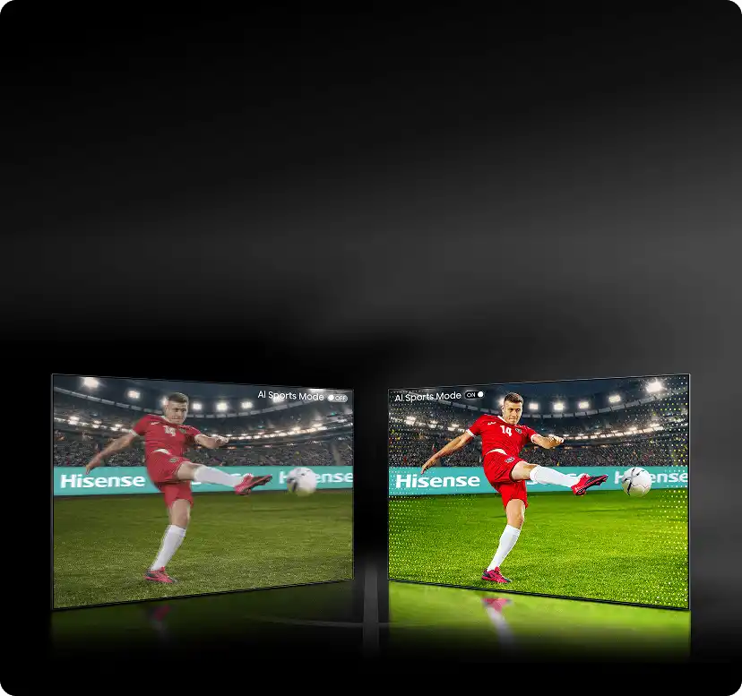 Dwa ekrany z piłkarzem: po lewej rozmazany obraz z AI (Artificial Intelligence) Sports Mode OFF, po prawej ostry z Mode ON