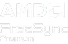 Logo z napisem \'AMD FreeSync Premium\' na tle w odcieniach szarości.