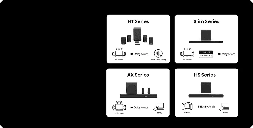 Obraz przedstawia cztery serie produktów audio: HT Series, Slim Series, AX Series i HS Series, z ikonami Dolby Atmos i innymi funkcjami. Każda seria zawiera różne konfiguracje głośników i subwooferów.