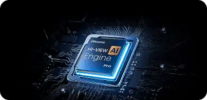 Procesor Hisense HI-VIEW AI (Artificial Intelligence) Engine Pro na tle ciemnej płyty głównej z obwodami