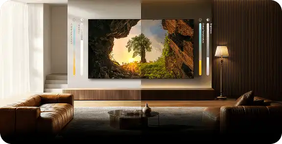 Salon podzielony na dzień i noc z paskami ustawień Colour Temperature i Brightness dostosowującymi obraz telewizora