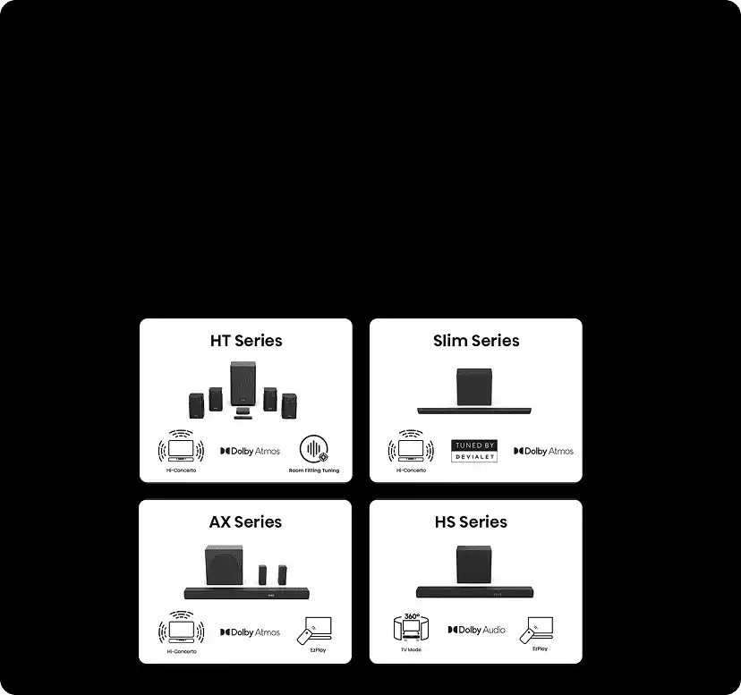 Zestawy audio HT (Home Theater), Slim, AX (Audio Experience) i HS Series z Dolby Atmos, Hi-Concerto, EzPlay