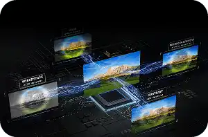 Procesor nad płytą główną, z którego wychodzą cyfrowe wiązki do pięciu ekranów optymalizujących parametry obrazu AI (Artificial Intelligence).