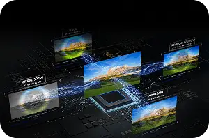 Procesor nad płytą główną, z którego wychodzą cyfrowe wiązki do pięciu ekranów optymalizujących parametry obrazu AI (Artificial Intelligence).