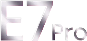 Stylizowany, srebrny logotyp serii E7 Pro przedstawiony za pomocą minimalistycznych linii