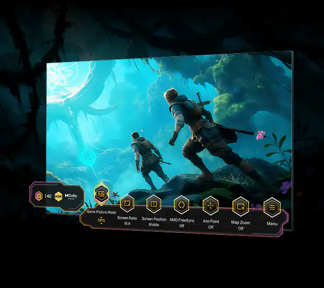 Ekran z grą fantasy i menu gracza z ikonami: HDR (High Dynamic Range), Dolby Vision oraz ustawieniami obrazu RPG.