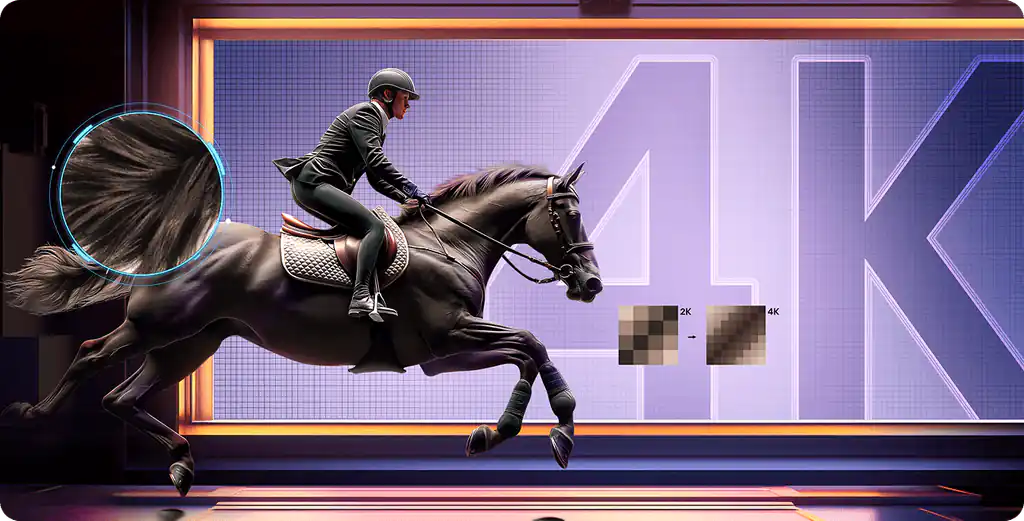 Koń w galopie na tle napisu 4K (tysiące pikseli); grafika porównująca detale obrazu 2K do 4K (Ultra High Definition)