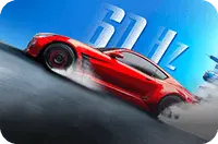 Czerwone auto sportowe w dynamicznym poślizgu na tle dużego, białego napisu 60Hz na błękitnym niebie