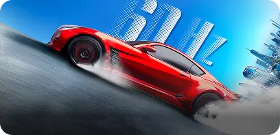 Czerwone auto sportowe w dynamicznym poślizgu na tle dużego, białego napisu 60Hz na błękitnym niebie