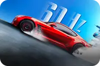 Czerwone auto sportowe w dynamicznym poślizgu na tle dużego, białego napisu 60Hz na błękitnym niebie
