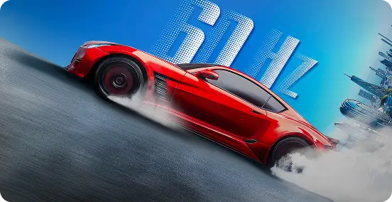 Czerwone auto sportowe w dynamicznym poślizgu na tle dużego napisu 60Hz na błękitnym niebie