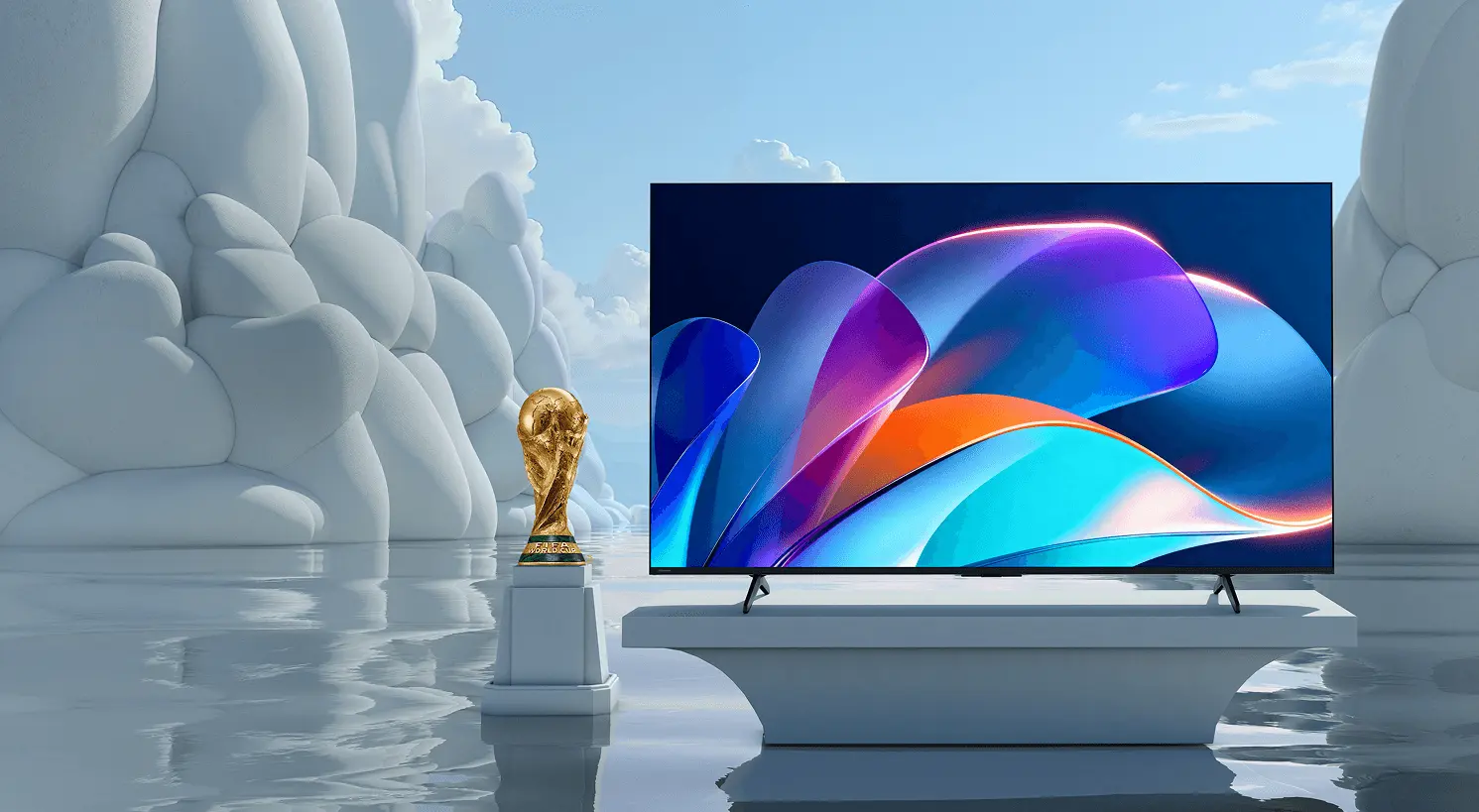 Telewizor Hisense obok złotego pucharu na tle surrealistycznych, białych skał. Na ekranie widać abstrakcyjne kolorowe formy.