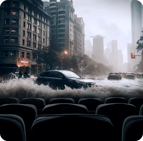 Widok z sali kinowej na ekran z filmową sceną pościgu w dużym deszczu, podkreślający kinowe wrażenia z oglądania