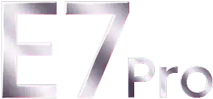 Stylizowany, srebrny logotyp serii E7 Pro przedstawiony za pomocą minimalistycznych linii