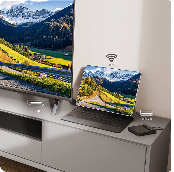 Telewizor i tablet + ikony HDMI (High Definition Multimedia Interface), WiFi (Wireless Fidelity) i USB (Universal Serial Bus)