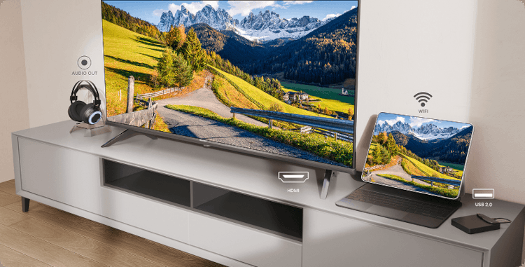 Telewizor i tablet + ikony HDMI (High Definition Multimedia Interface), WiFi (Wireless Fidelity) i USB (Universal Serial Bus)