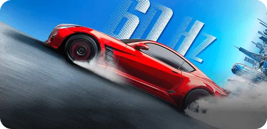 Czerwone auto sportowe w dynamicznym poślizgu na tle dużego napisu 60Hz na błękitnym niebie