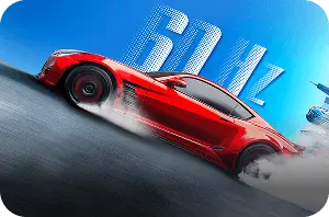 Czerwone auto sportowe w dynamicznym poślizgu na tle dużego napisu 60Hz na błękitnym niebie