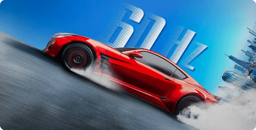 Czerwone auto sportowe w dynamicznym poślizgu na tle dużego białego napisu 60Hz na błękitnym niebie