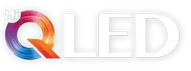 Logo technologii Hi-QLED (Quantum Dot Light Emitting Diode) z dużą, kolorową literą Q wykonaną z tęczowych linii