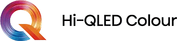 Logo technologii Hi-QLED Colour (Quantum Dot Light Emitting Diode) z dużą, kolorową literą Q
